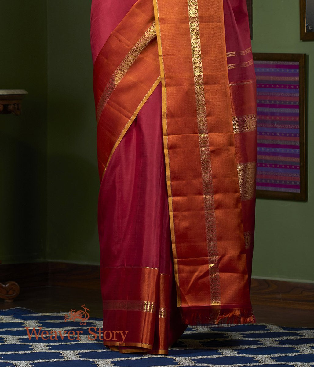 Handwoven_Maroon_Plain_Kanjivaram_Orange_Broad_Border_WeaverStory_04