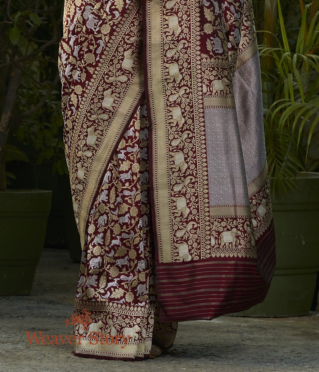 Handwoven_Maroon_Kadhwa_Shikargah_Saree_with_Silver_Zari_Border_WeaverStory_04