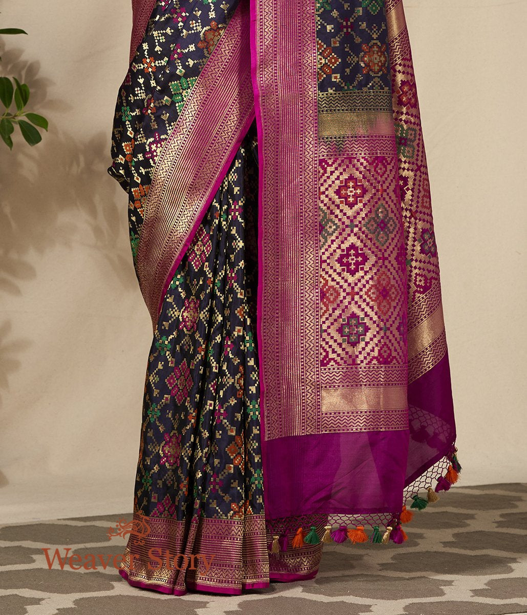 Handwoven_Navy_Blue_Meenakari_Banarasi_Patola_Saree_with_Purple_Border_WeaverStory_04
