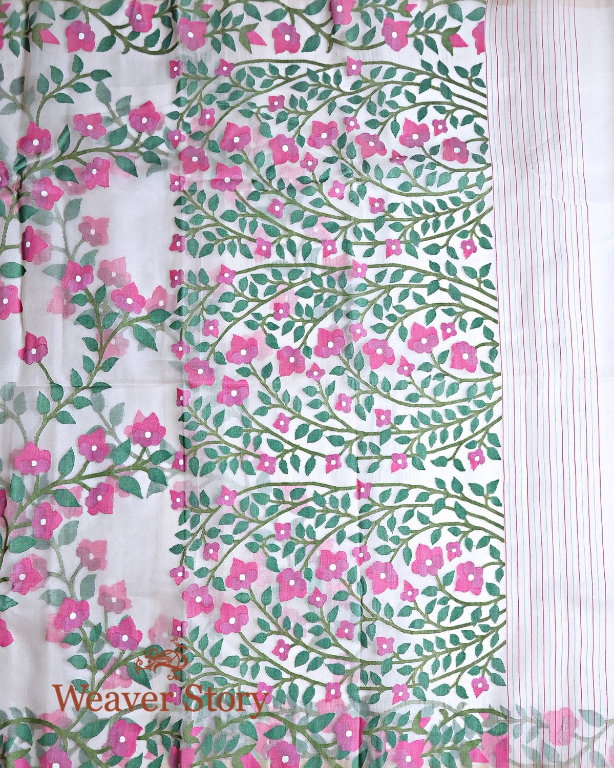 Handwoven_White_All_Over_Green_and_Pink_Jaal_Dhakai_Jamdani_Saree_WeaverStory_04