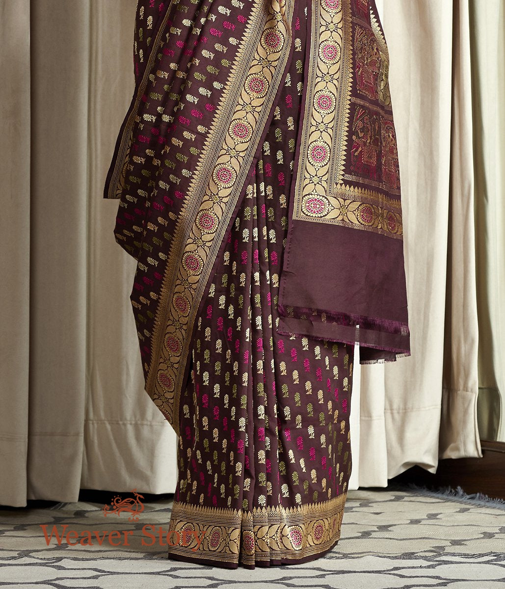 Handloom_Brown_Hand_Spun_Cotton_Silk_Baluchari_Saree_with_Small_Booti_WeaverStory_04