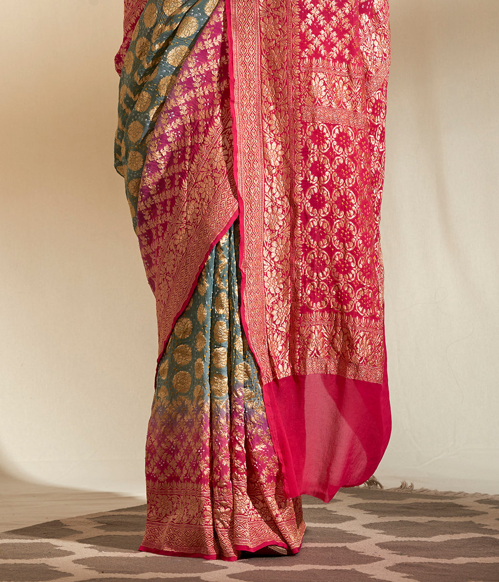 Handwoven_Banarasi_Bandhej_Saree_in_Light_Green_and_Pink_ombre_dye_WeaverStory_04