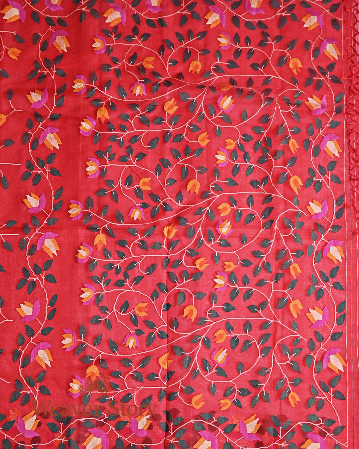 Handwoven_Red_All_Over_Floral_Weave_Silk_Muslin_Jamdani_Saree_WeaverStory_04