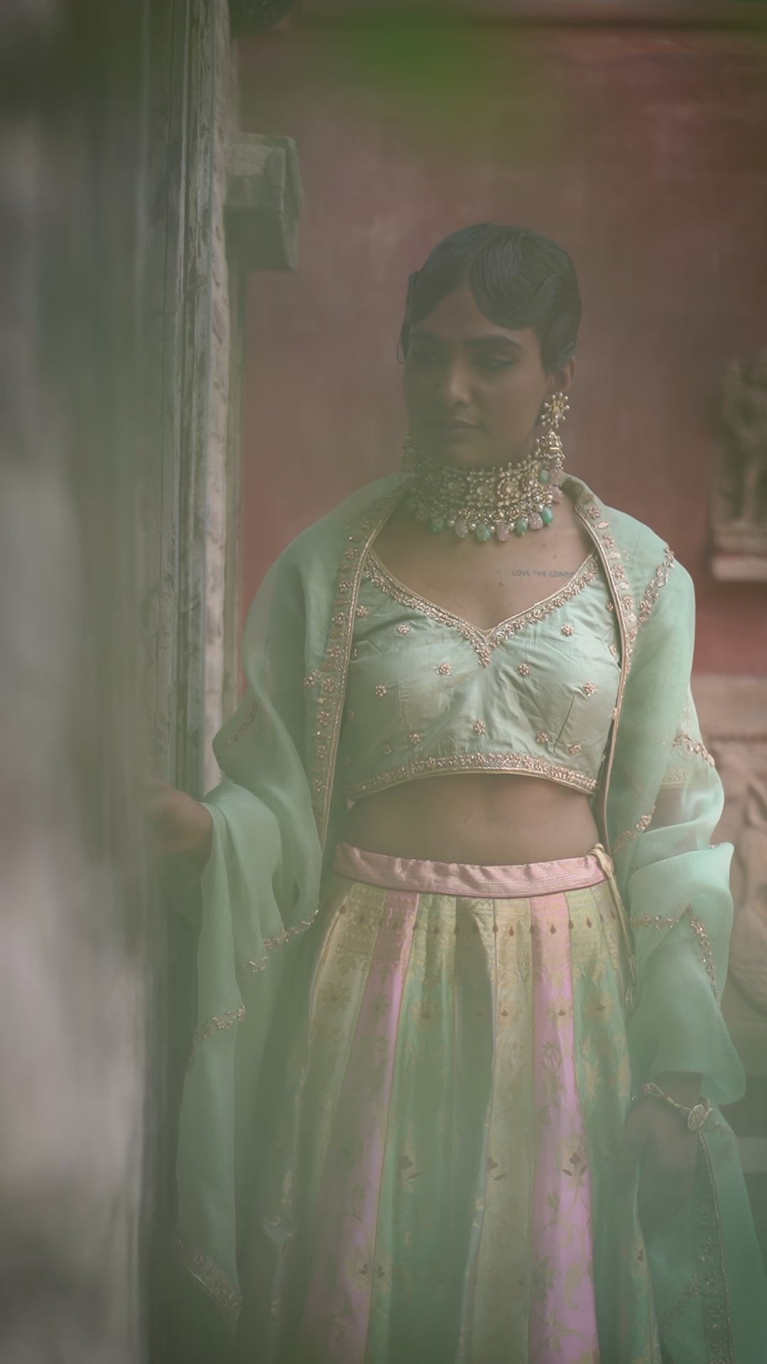 Rangkaat Handloom Pure Katan Silk Banarasi Lehenga with Pista Green Dupatta and Blouse