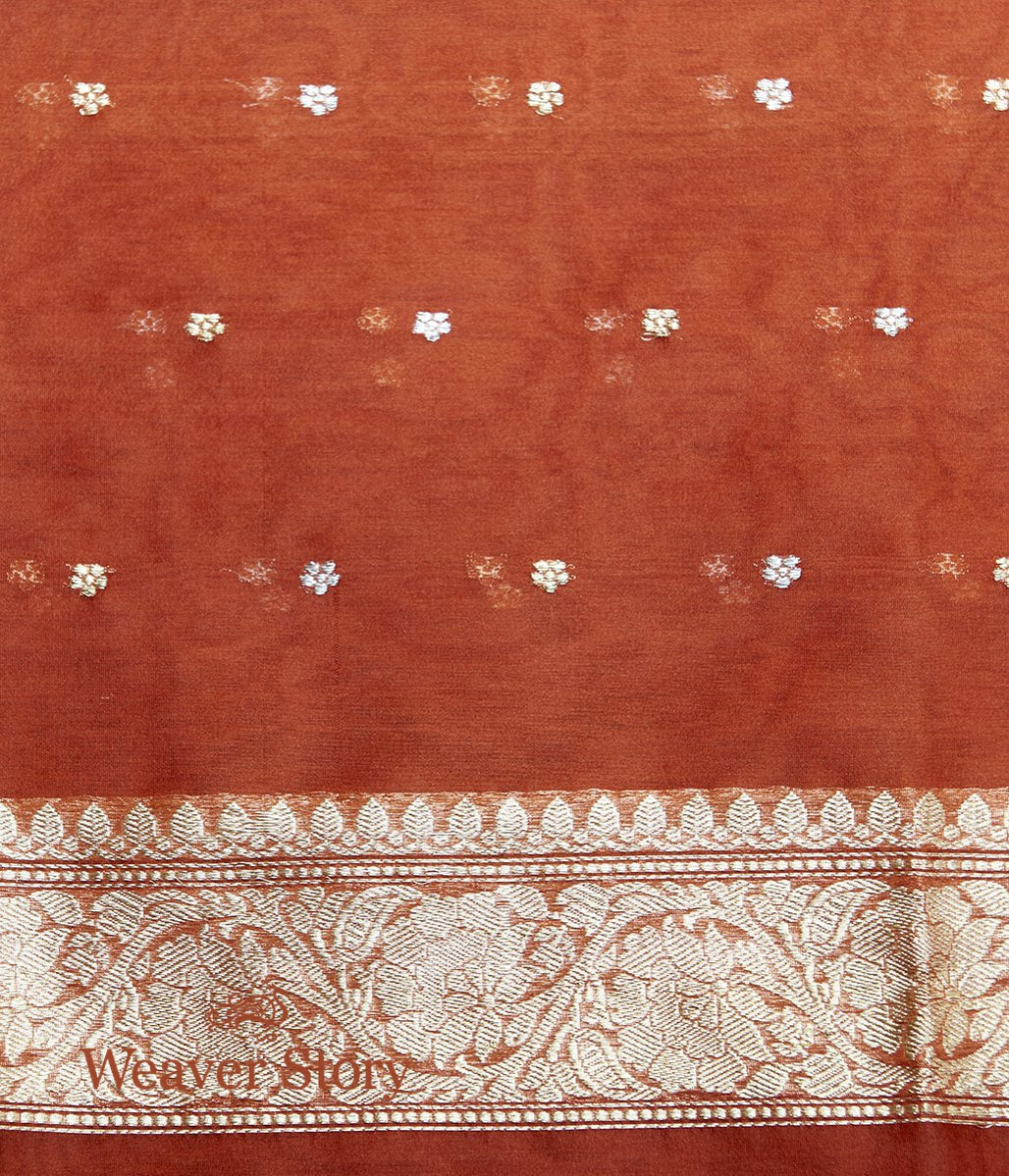 Handloom_Brick_Red_Kora_Silk_Saree_With_Kadhwa_Booti_WeaverStory_05