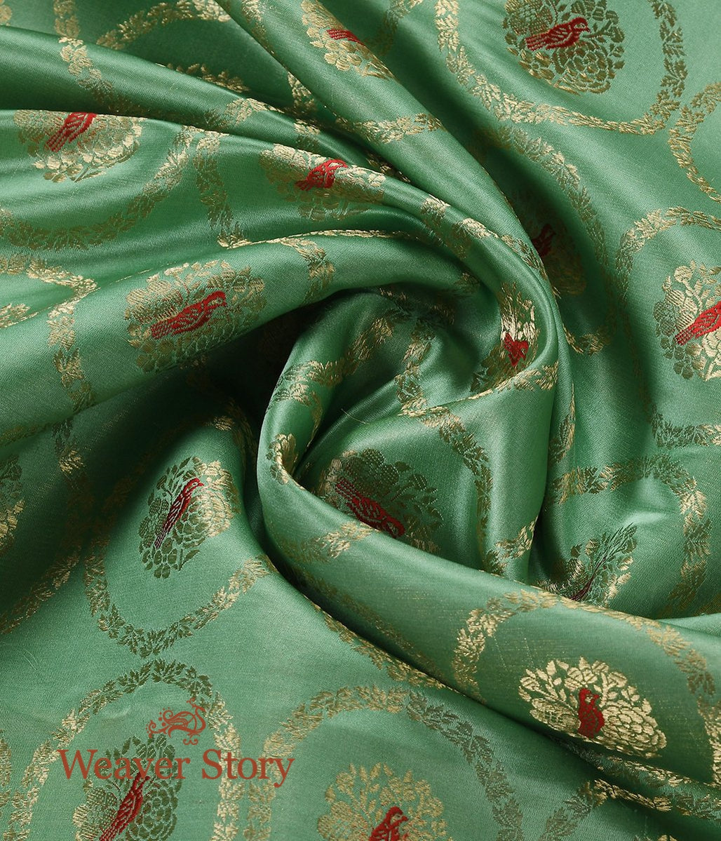 Handloom_Green_Pure_Satin_Fabric_with_Bird_Motifs_WeaverStory_05