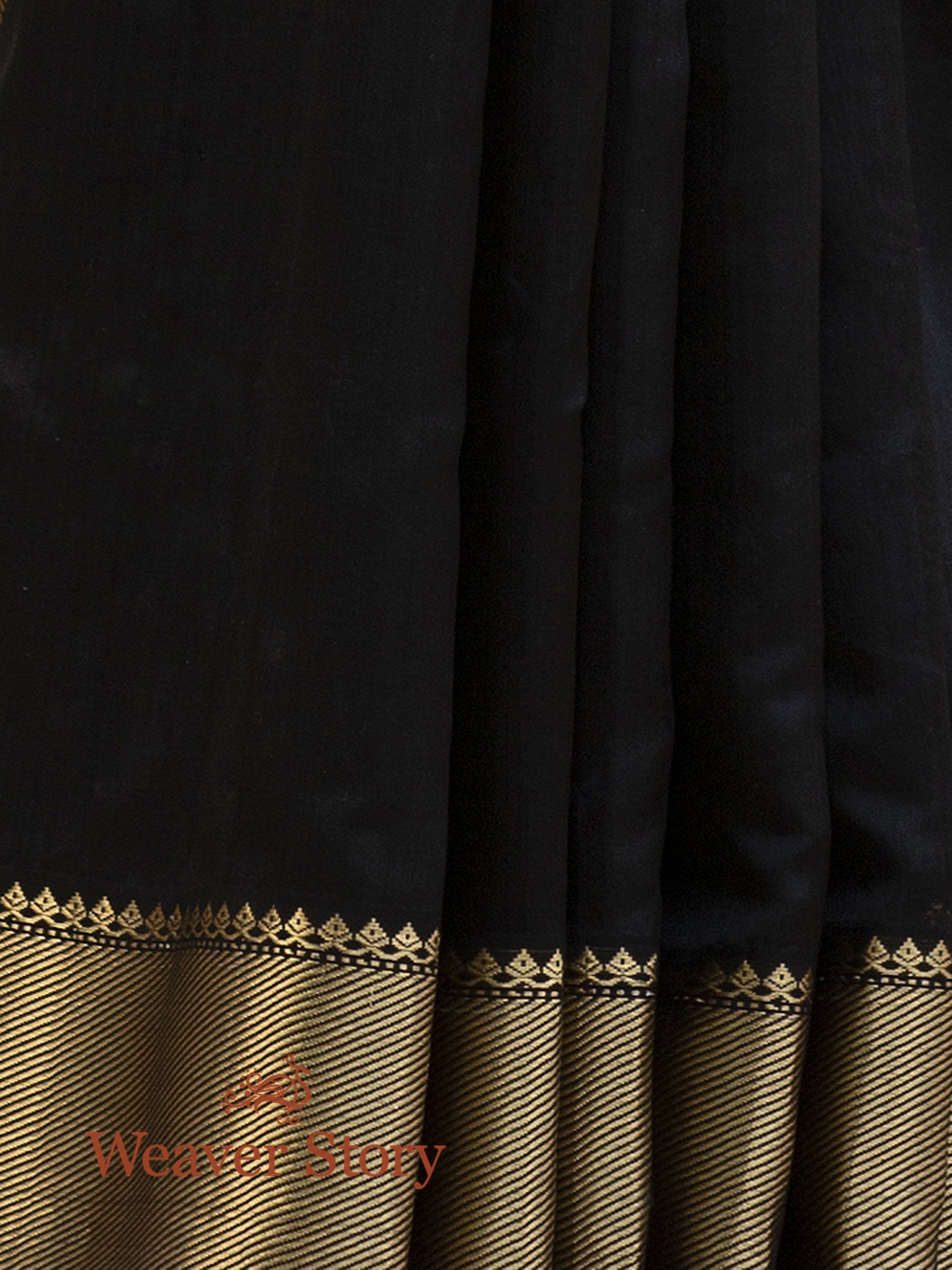 Handwoven_Black_Plain_Chanderi_Saree_with_Gold_Border_WeaverStory_05