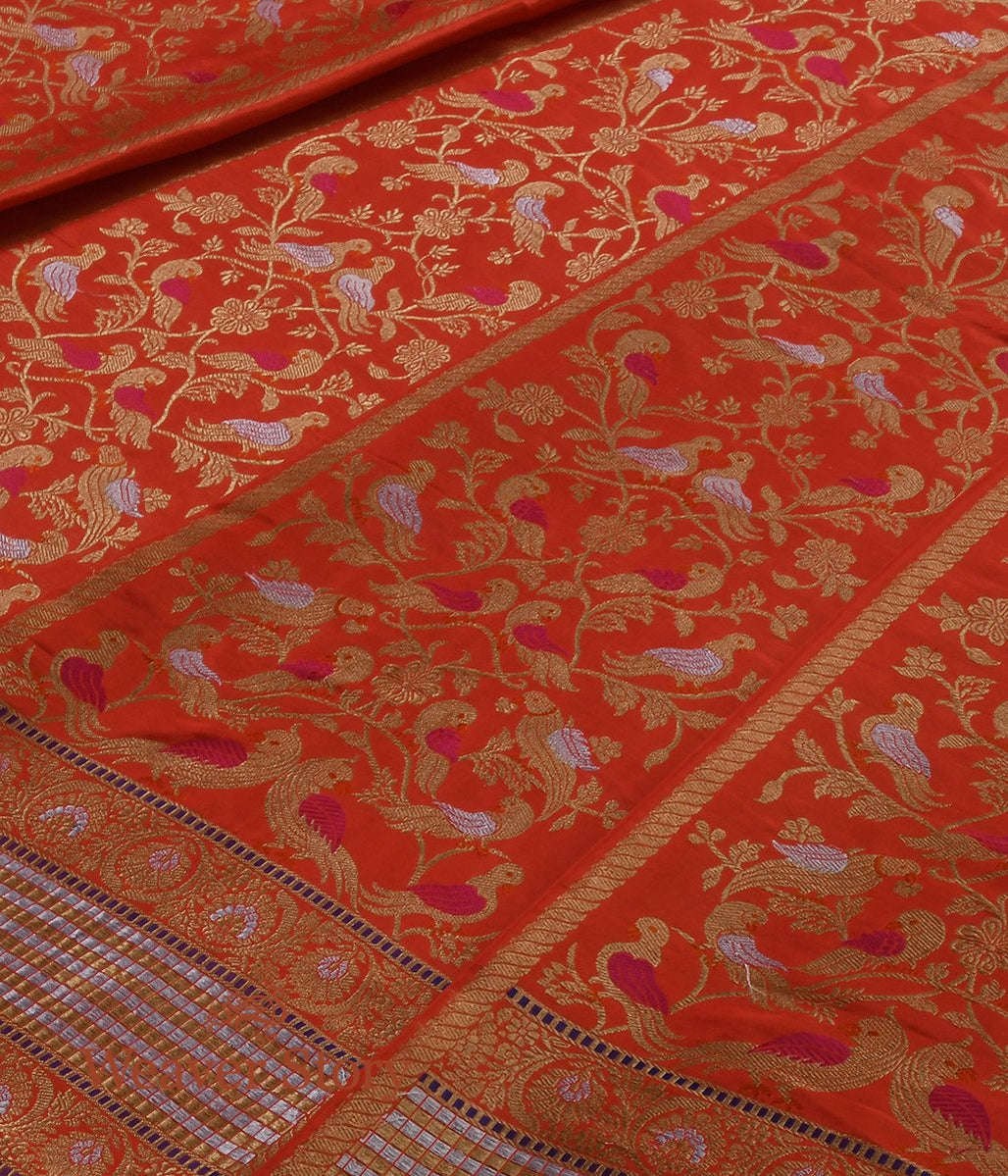 Handloom_Orange_Meenakari_Silk_Banarasi_Lehenga_with_Birds_WeaverStory_06