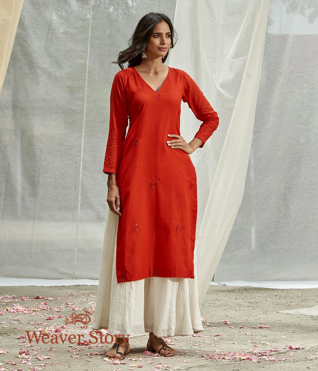 Handwoven_Red_Chanderi_Kurta_and_Skirt_with_Mirror_Work_Dupatta_WeaverStory_04
