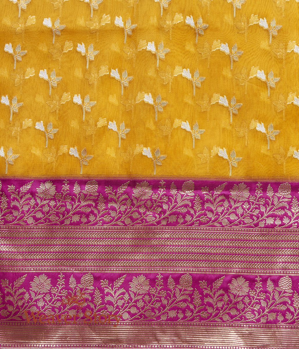 Handloom_Yellow_Kora_Silk_Banarasi_Saree_with_Pink_Border_WeaverStory_05
