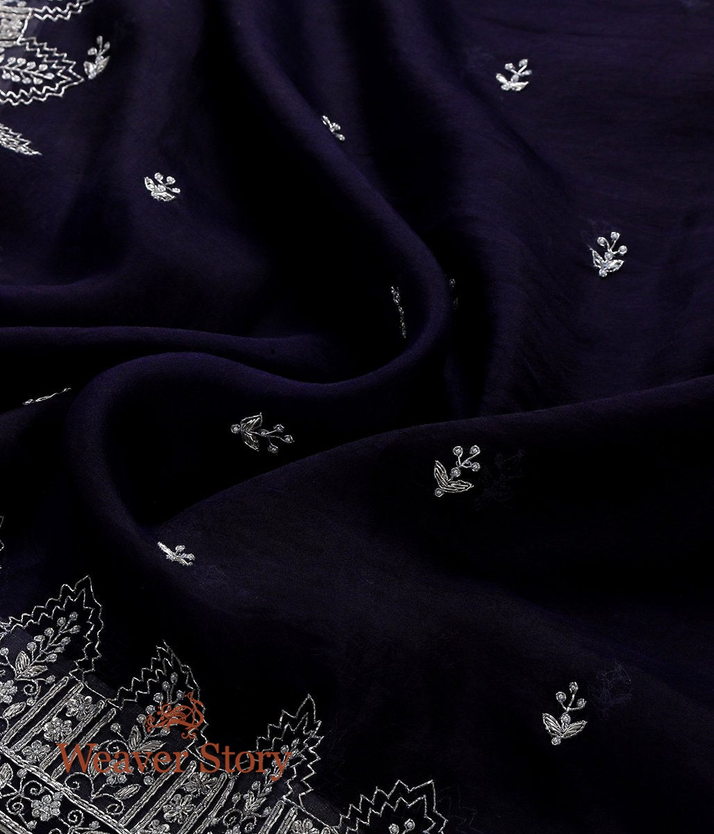 Blue_Zardozi_Work_Organza_Dupatta_with_Silver_Embroidery_Temple_Border_WeaverStory_06