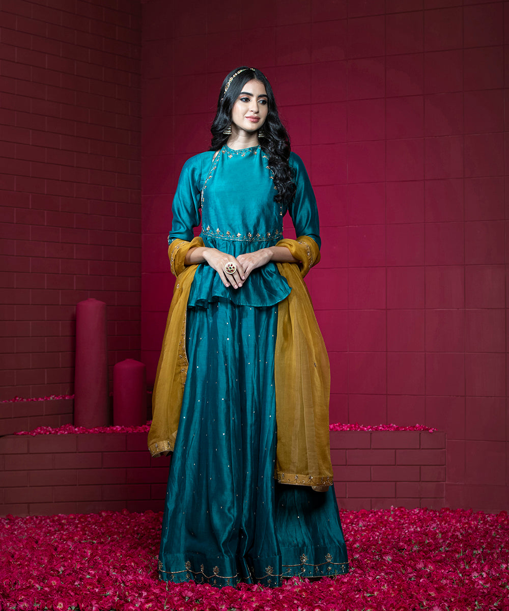 Handloom_Teal_Chanderi_Embroidered_Lehenga_Set_with_Mustard_Organza_Dupatta_WeaverStory_02