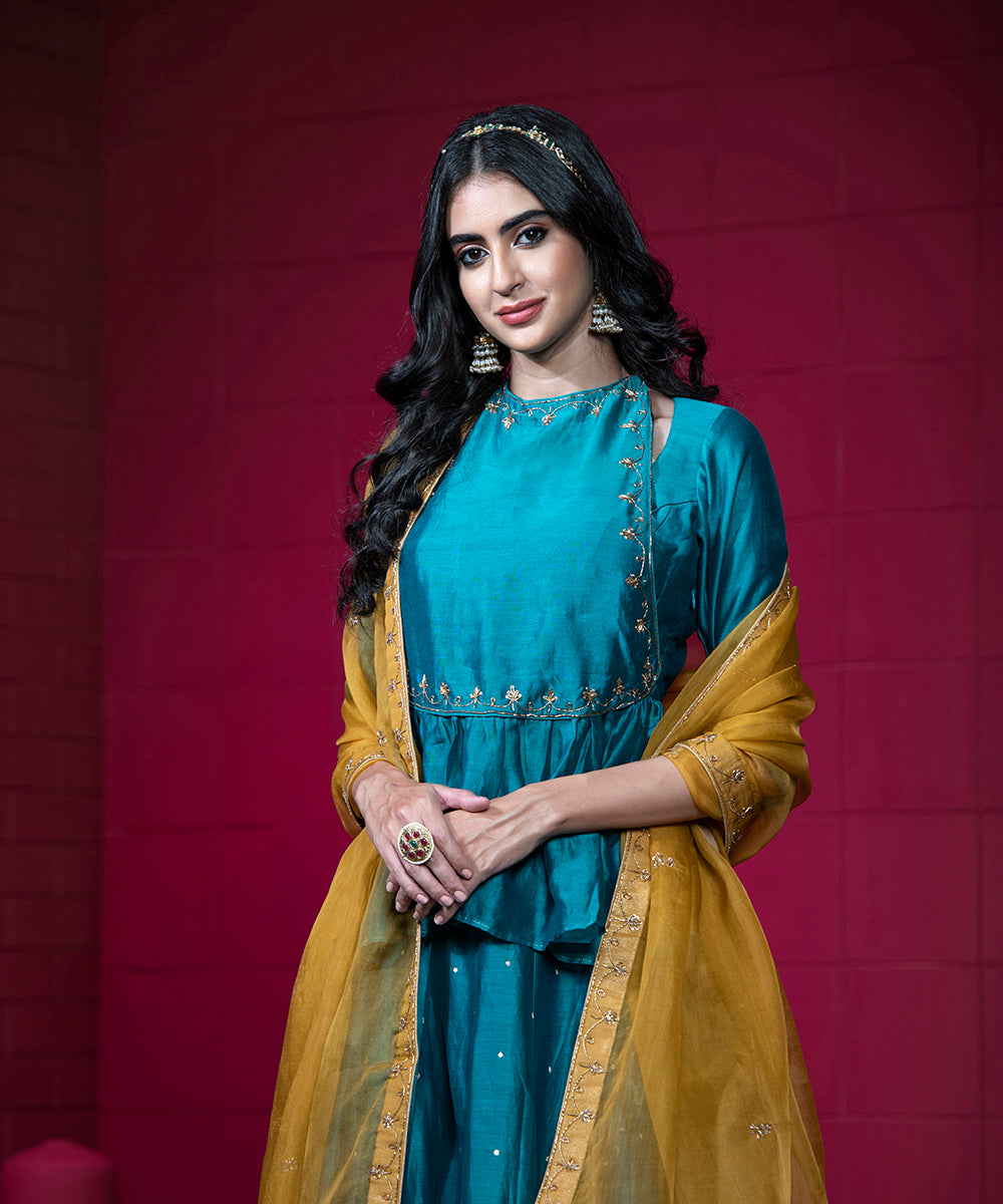 Handloom_Teal_Chanderi_Embroidered_Lehenga_Set_with_Mustard_Organza_Dupatta_WeaverStory_01