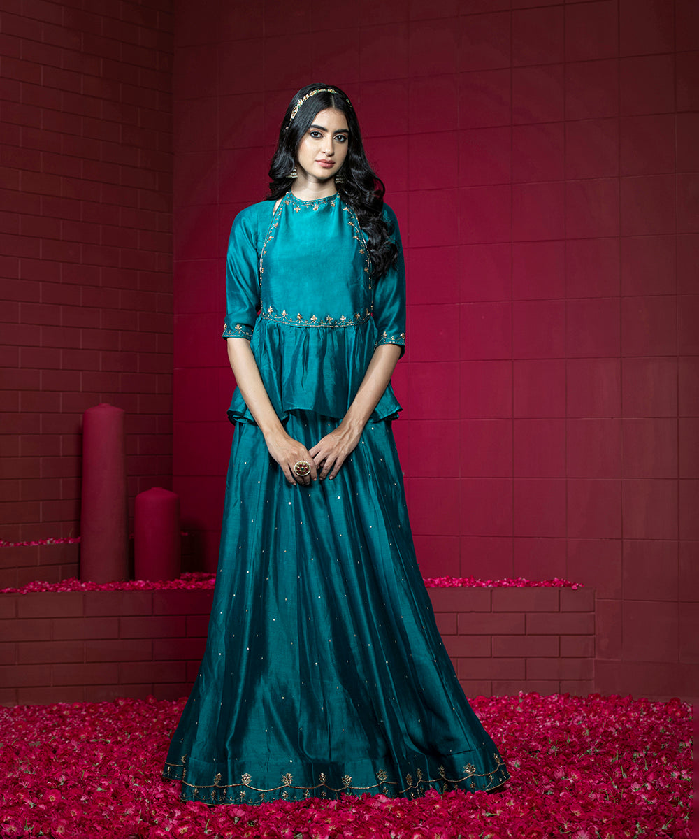 Handloom_Teal_Chanderi_Embroidered_Lehenga_Set_with_Mustard_Organza_Dupatta_WeaverStory_03