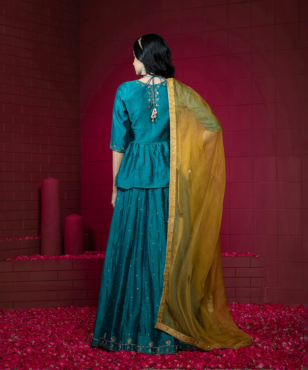 Handloom_Teal_Chanderi_Embroidered_Lehenga_Set_with_Mustard_Organza_Dupatta_WeaverStory_04