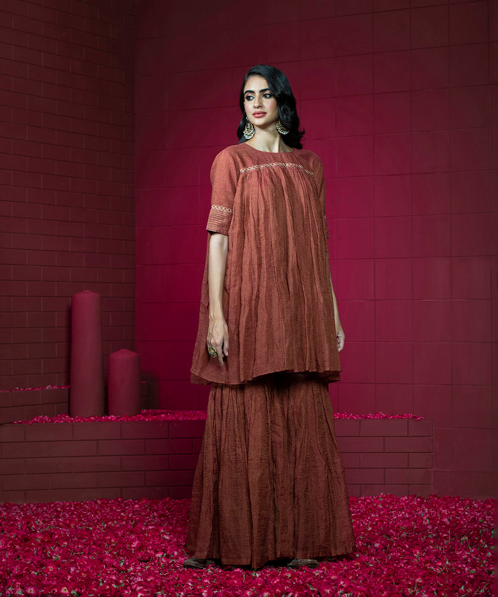 Handloom_Maroon_Embroidered_Tissue_Chanderi_Kurti_with_Gharara_and_Organza_Dupatta_WeaverStory_03