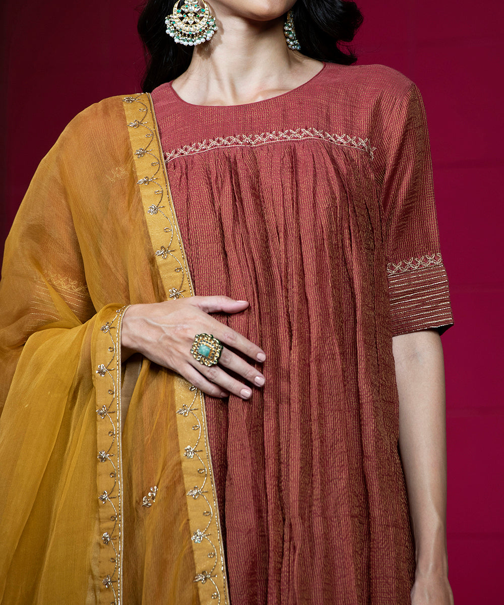 Handloom_Maroon_Embroidered_Tissue_Chanderi_Kurti_with_Gharara_and_Organza_Dupatta_WeaverStory_05