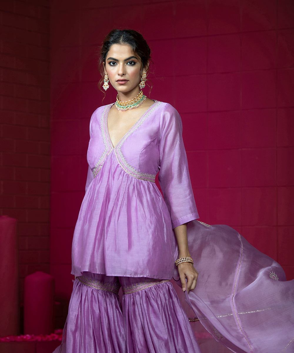 Lavender_Handloom_Chanderi_Peplum_Top_with_Gharara_and_Organza_Dupatta_WeaverStory_01