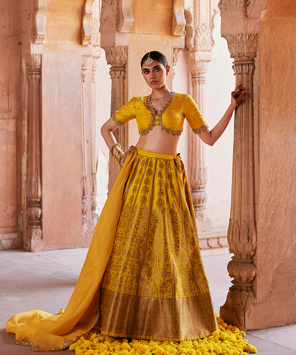 Yellow_Pure_Katan_Silk_Brocade_Banarasi_Lehenga_With_Embroidered_Blouse_And_Dupatta_WeaverStory_03