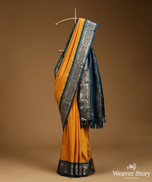 Mustard_And_Teal_Pure_Mulberry_Silk_Saree_With_Gold_Zari_WeaverStory_01
