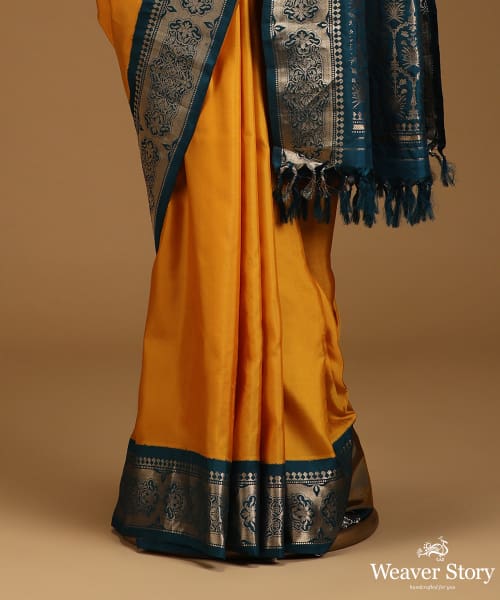Mustard_And_Teal_Pure_Mulberry_Silk_Saree_With_Gold_Zari_WeaverStory_03