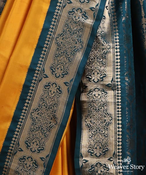 Mustard_And_Teal_Pure_Mulberry_Silk_Saree_With_Gold_Zari_WeaverStory_04
