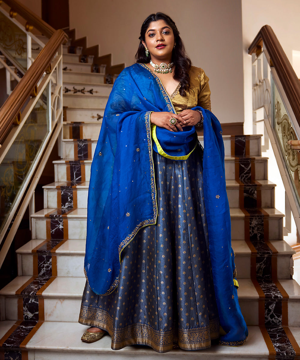 Aparna Balamurali In Blue Handloom Banarasi Lehenga with Gold Tissue Blouse and Organza Dupatta