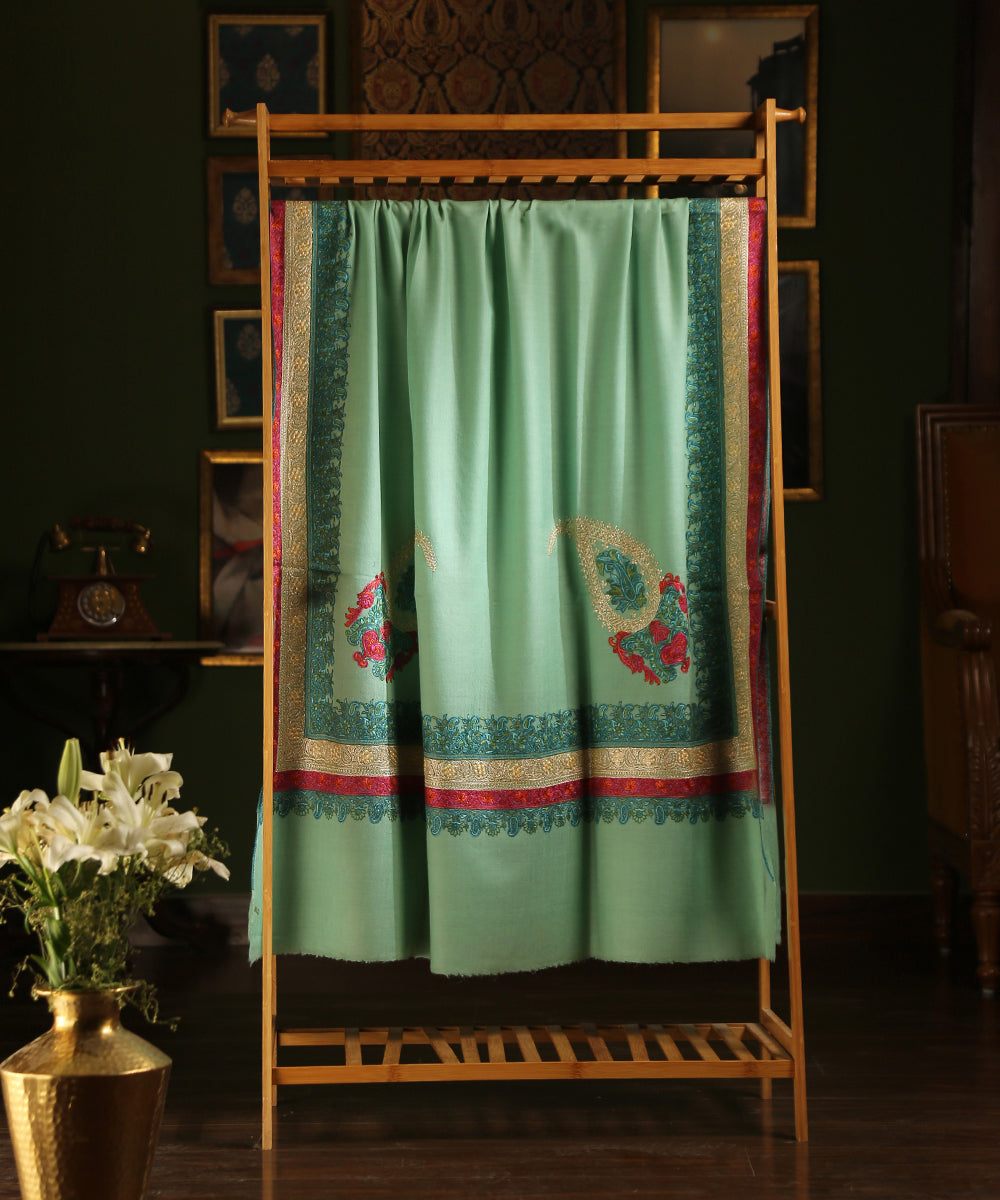 Handwoven_Sea_Green_Pure_Pashmina_Shawl_With_Sozni_Kari_Border_And_Tilla_Work_WeaverStory_02