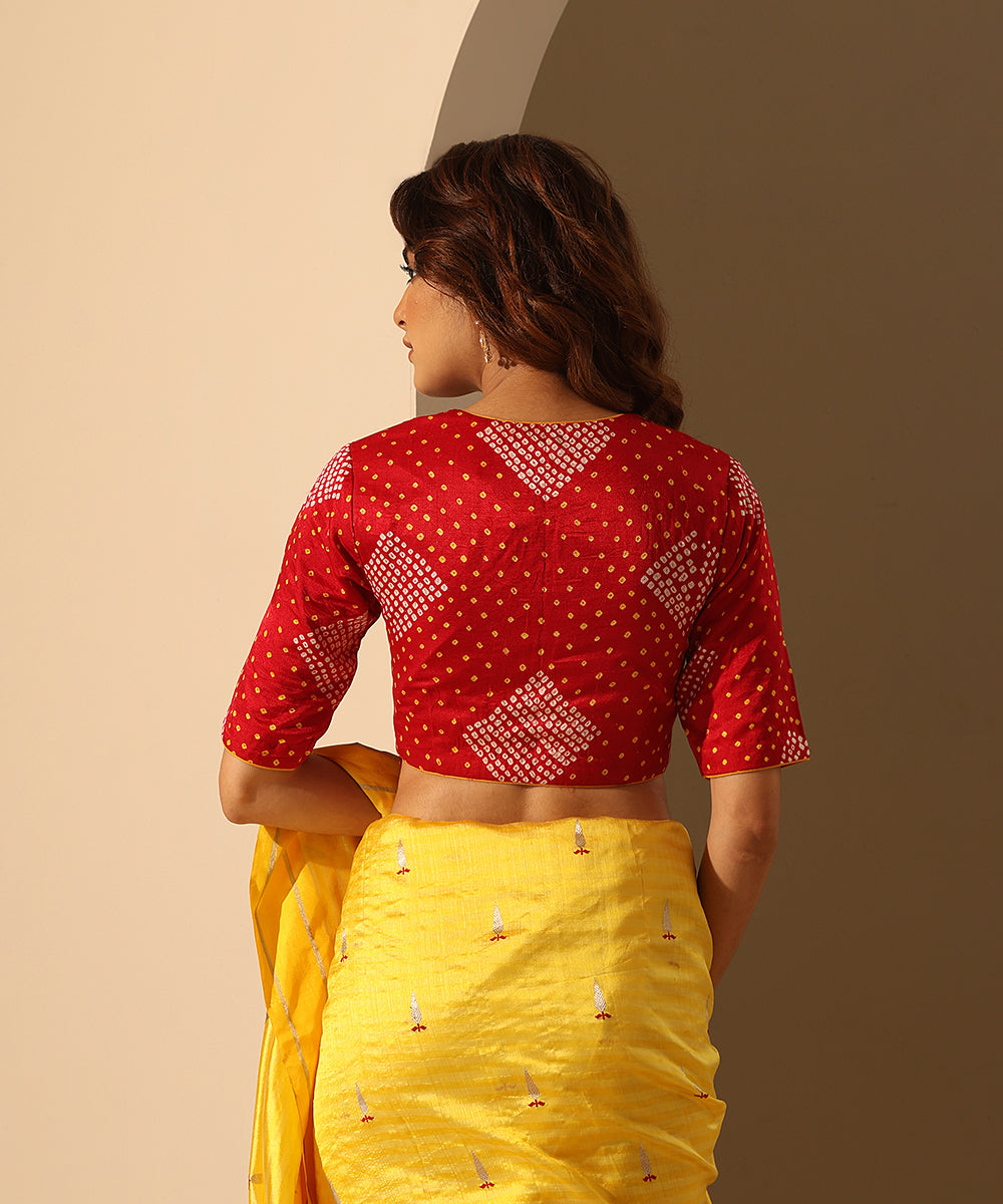 Red_Bandhani_Gajji_Silk_Blouse_With_Ochre_Round_Pipe_Detailing_WeaverStory_03
