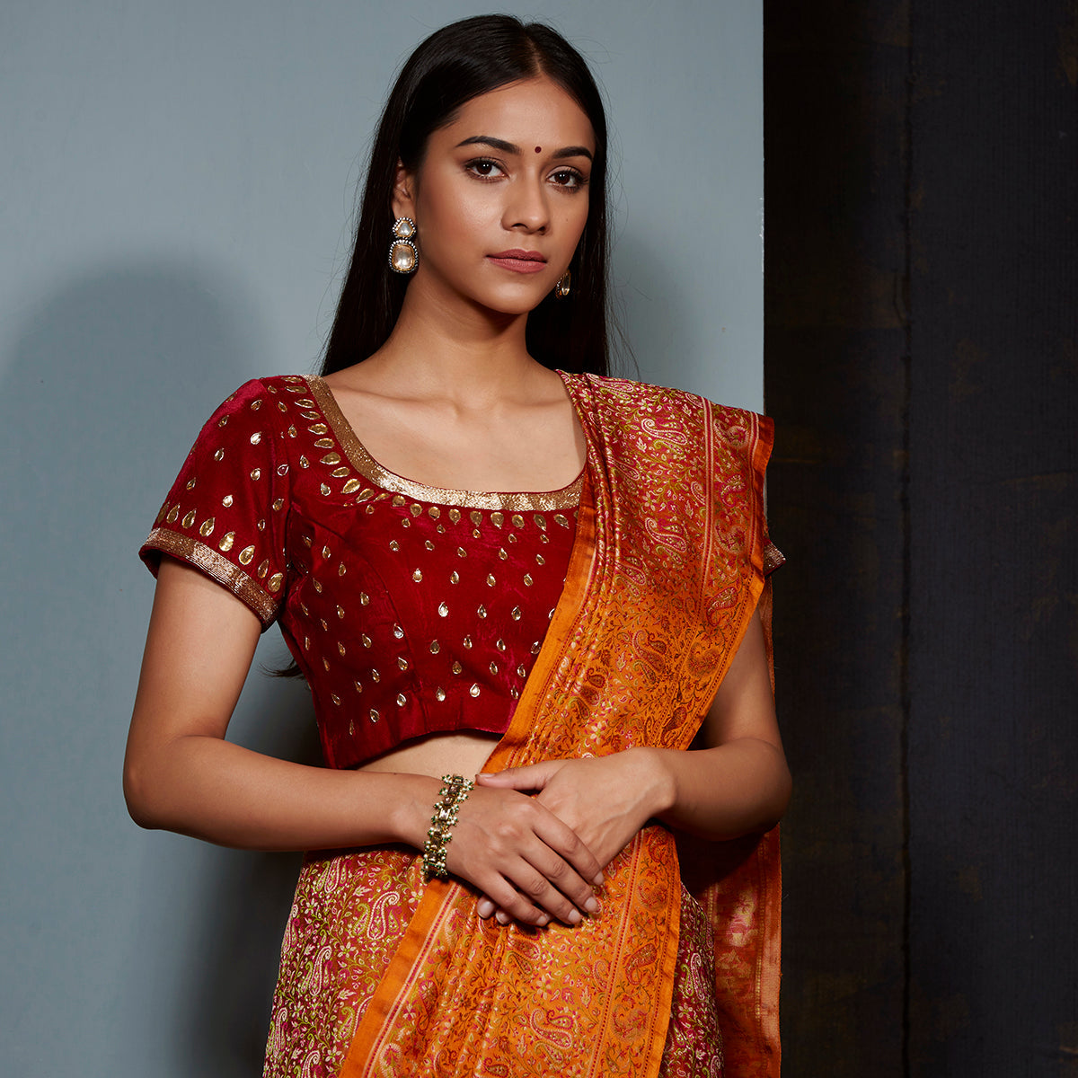 Red_velvet_blouse_with_gota_work_WeaverStory_01