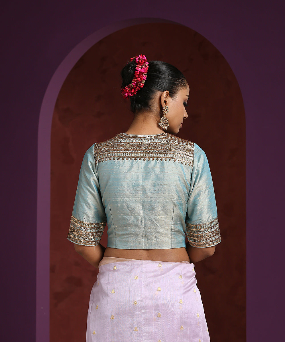 Light_Aqua_Raw_Silk_Blouse_Hand_Embroidered_Zardozi_Blouse_WeaverStory_03