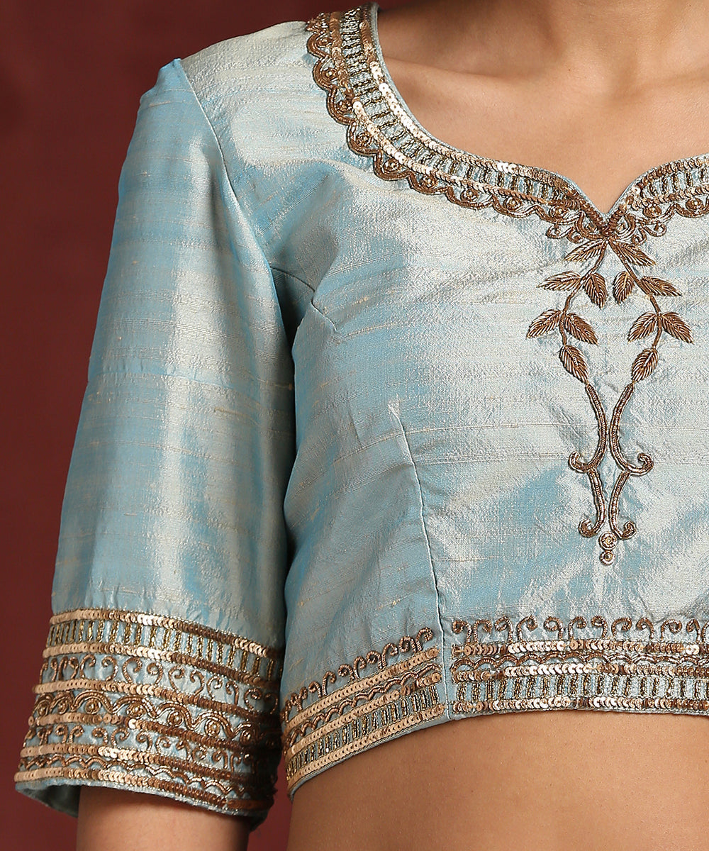 Light_Aqua_Raw_Silk_Blouse_Hand_Embroidered_Zardozi_Blouse_WeaverStory_04