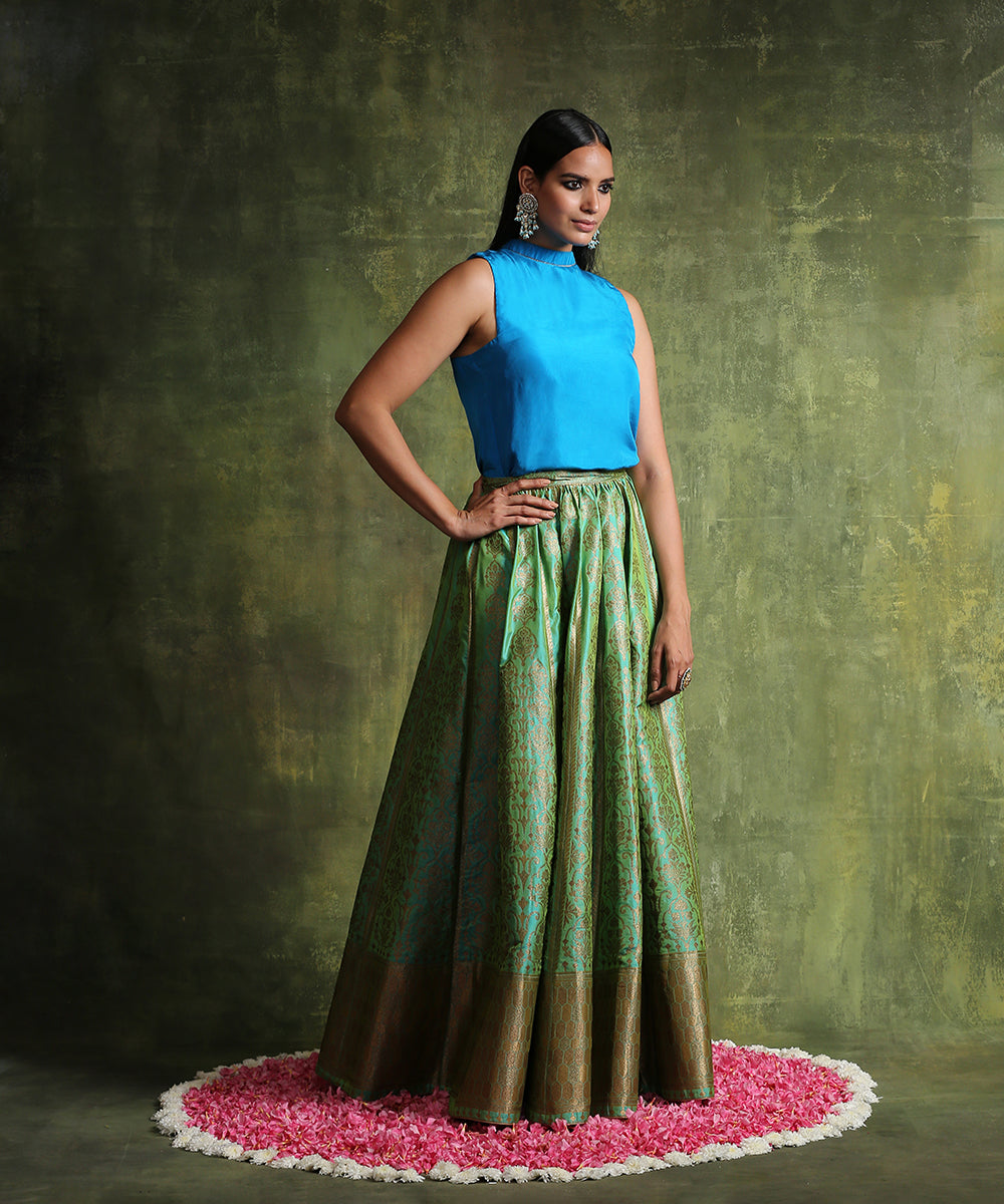 Sea_Green_Handloom_Pure_Katan_Silk_Banarasi_Skirt_With_Antique_Zari_And_Electric_Blue_Pure_Habutai_Silk_Top_WeaverStory_02