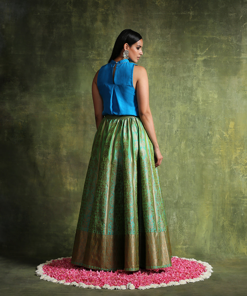 Sea_Green_Handloom_Pure_Katan_Silk_Banarasi_Skirt_With_Antique_Zari_And_Electric_Blue_Pure_Habutai_Silk_Top_WeaverStory_03