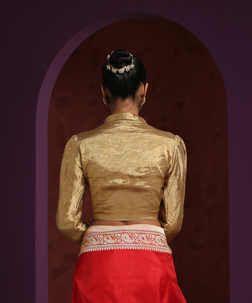 Handcrafted_Assymetrical_Collared_V-_Neck_Golden_Tissue_Blouse_WeaverStory_03