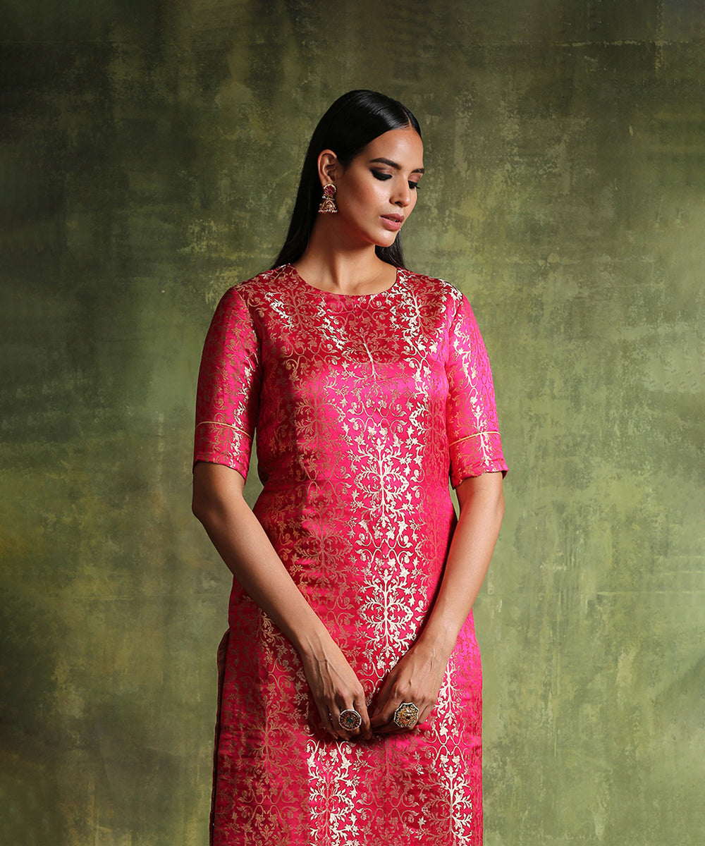 Hot_Pink_Handloom_Pure_Katan_Silk_Banarasi_Brocade_Kurta_With_Straight_Raw_Silk_Pants_WeaverStory_01