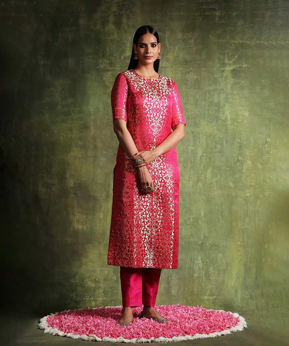 Hot_Pink_Handloom_Pure_Katan_Silk_Banarasi_Brocade_Kurta_With_Straight_Raw_Silk_Pants_WeaverStory_03