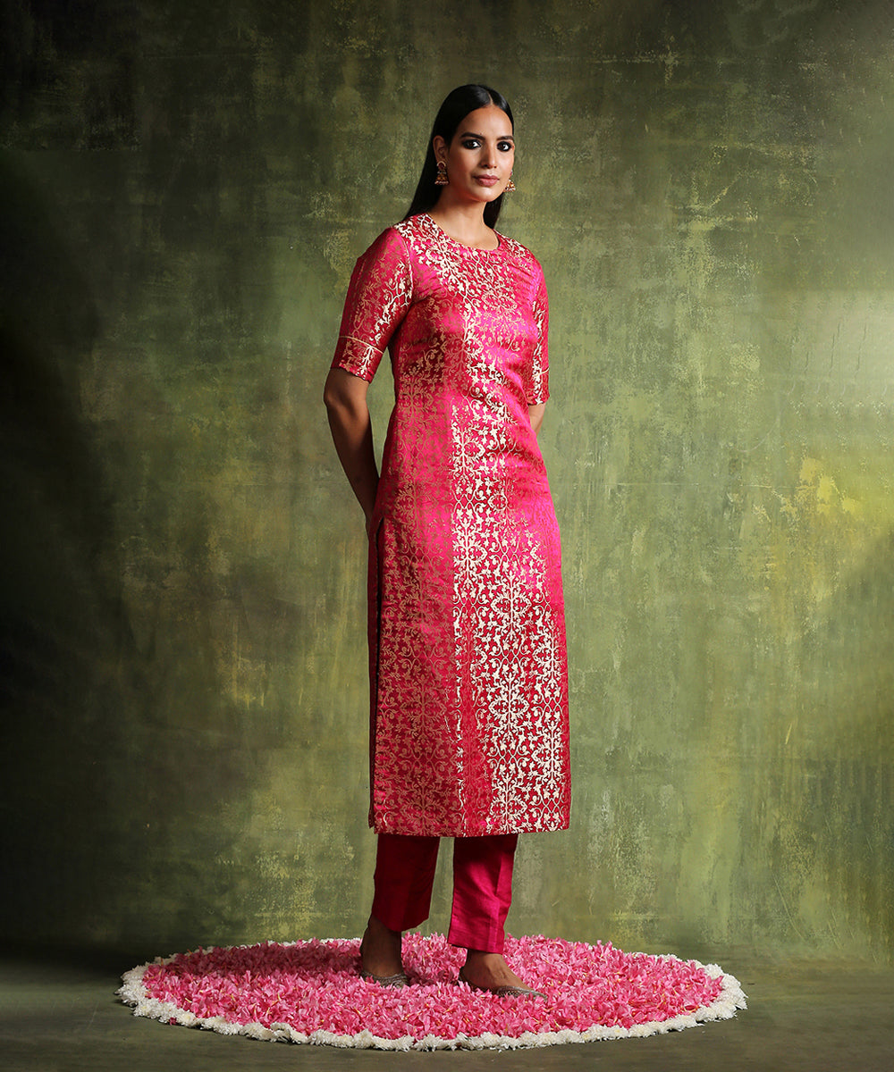 Hot_Pink_Handloom_Pure_Katan_Silk_Banarasi_Brocade_Kurta_With_Straight_Raw_Silk_Pants_WeaverStory_04