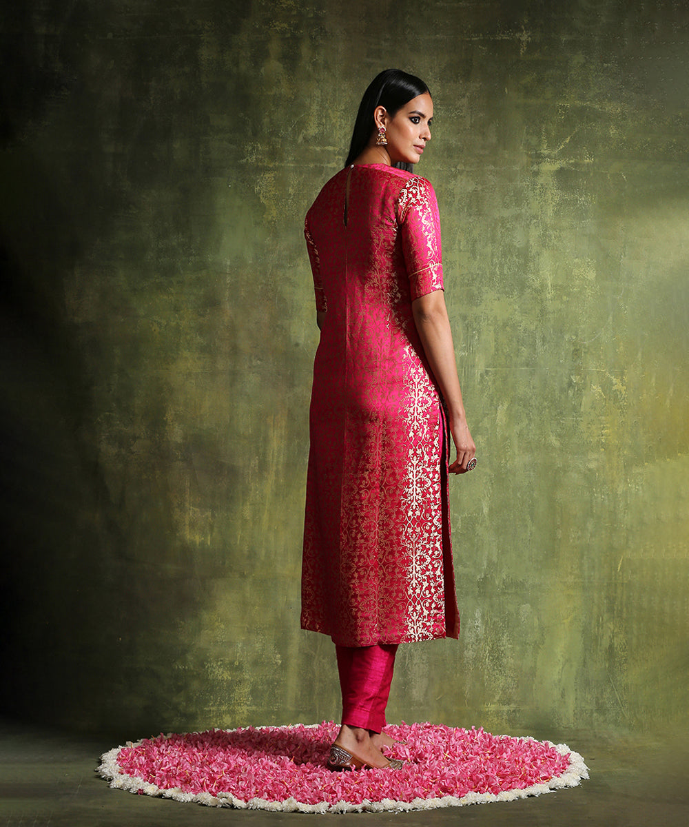 Hot_Pink_Handloom_Pure_Katan_Silk_Banarasi_Brocade_Kurta_With_Straight_Raw_Silk_Pants_WeaverStory_05