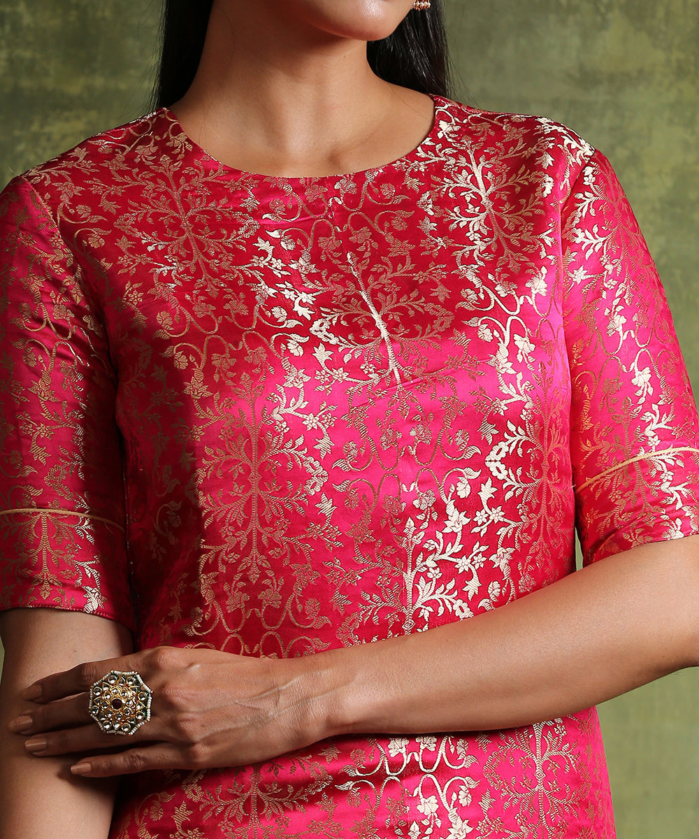 Hot_Pink_Handloom_Pure_Katan_Silk_Banarasi_Brocade_Kurta_With_Straight_Raw_Silk_Pants_WeaverStory_06