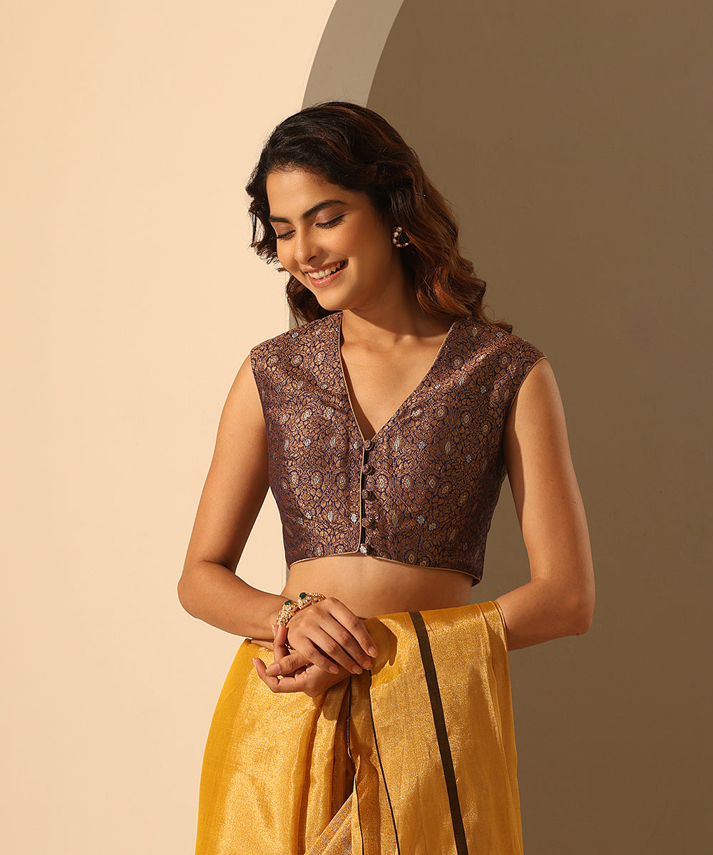 Blue_Stitched_Brocade_Blouse_With_Contrast_Lining_WeaverStory_02