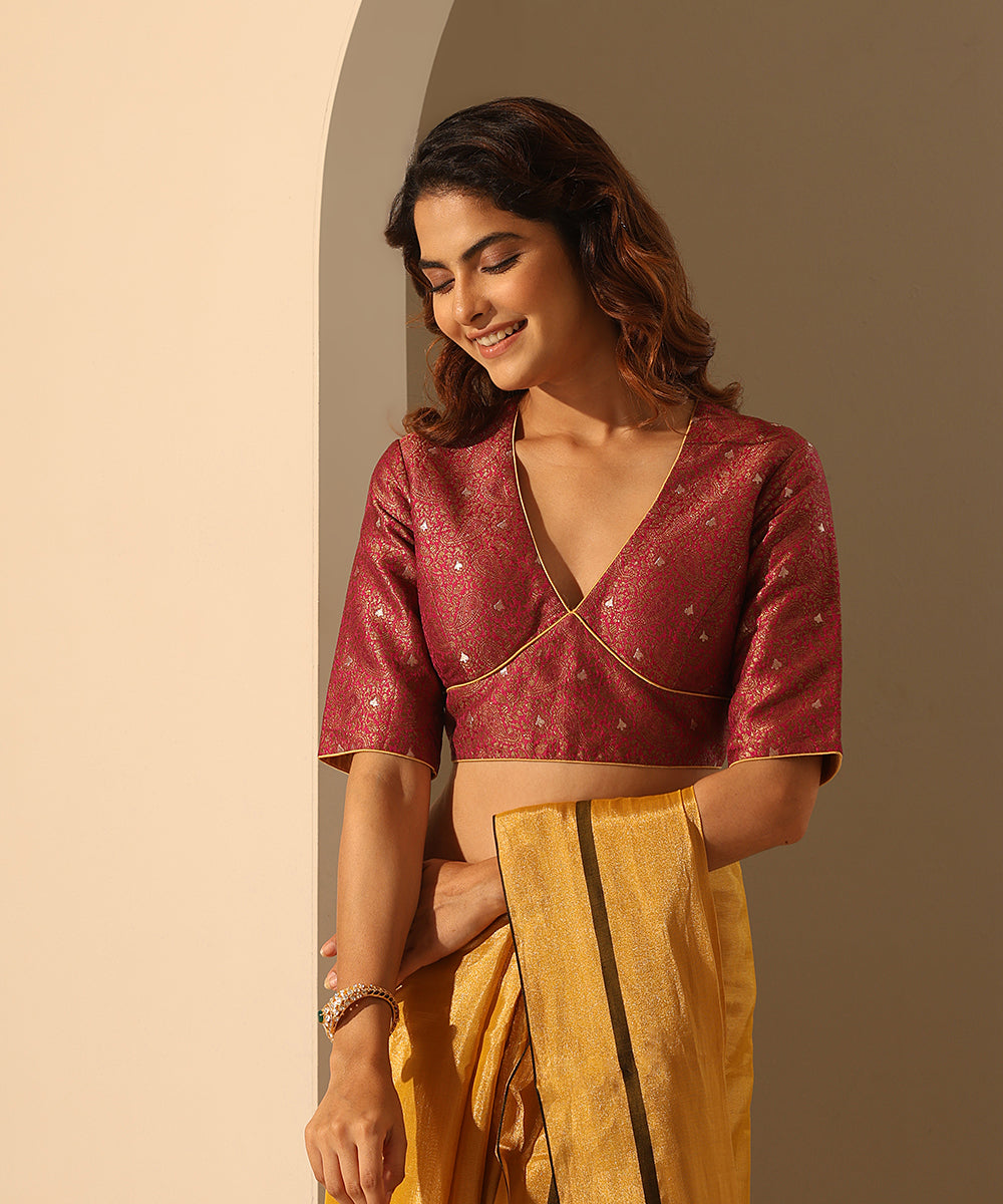 Hot_Pink_Stitched_Brocade_Blouse_With_Satin_Piping_WeaverStory_02