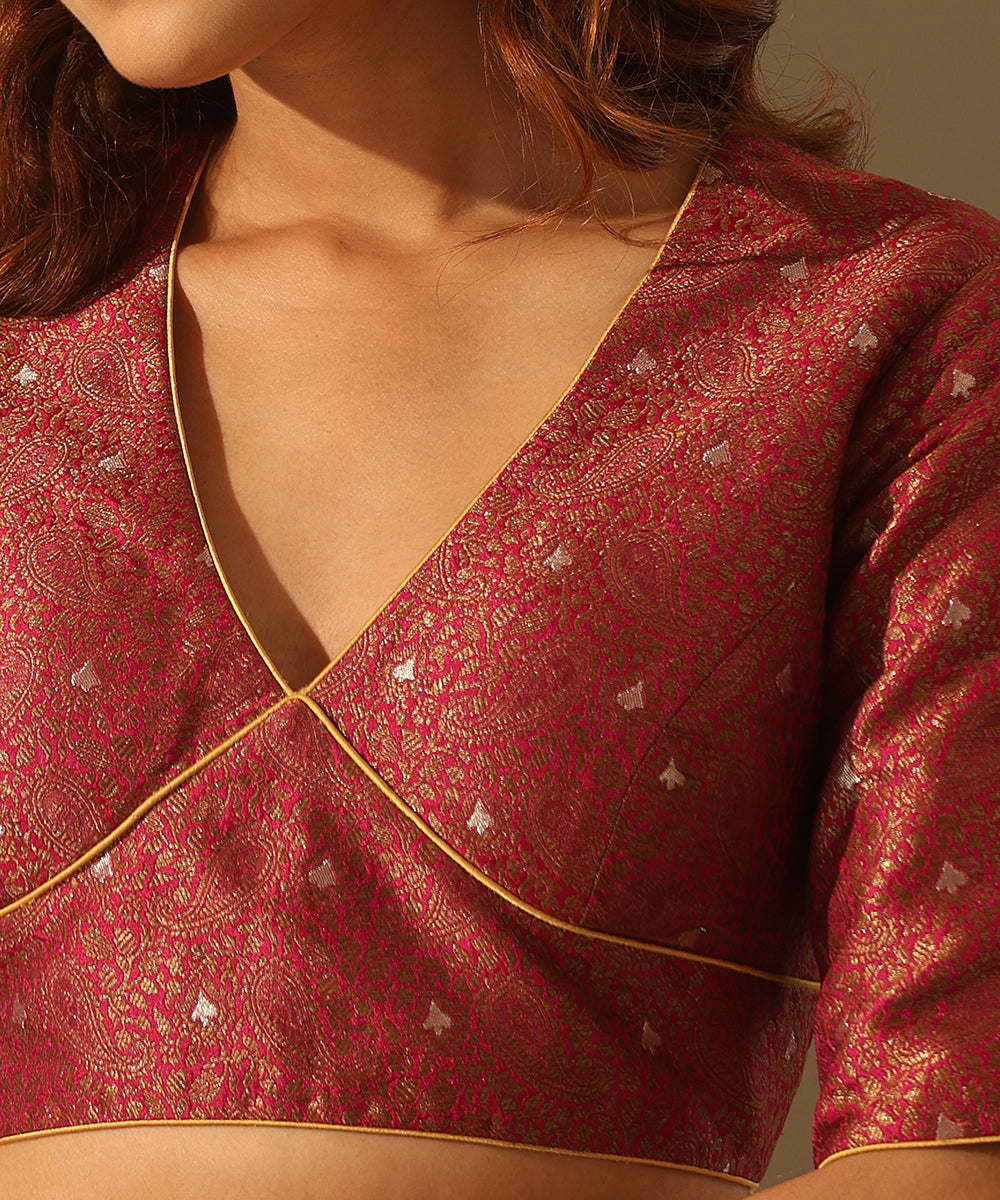Hot_Pink_Stitched_Brocade_Blouse_With_Satin_Piping_WeaverStory_04