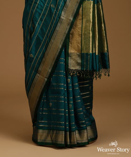 Emerald_Green_Twill_Weave_Pure_Mulberry_Silk_Saree_With_Horizontal_Zari_Lines_And_Gold_Zari_Booti_WeaverStory_03