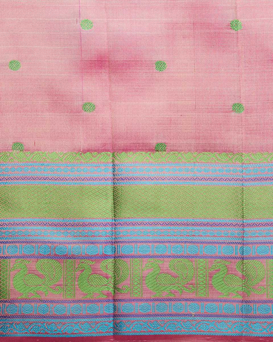 Beige_Handloom_Kanjivaram_Pure_Silk_Saree_With_Blue_And_Green_Thread_Border_WeaverStory_05