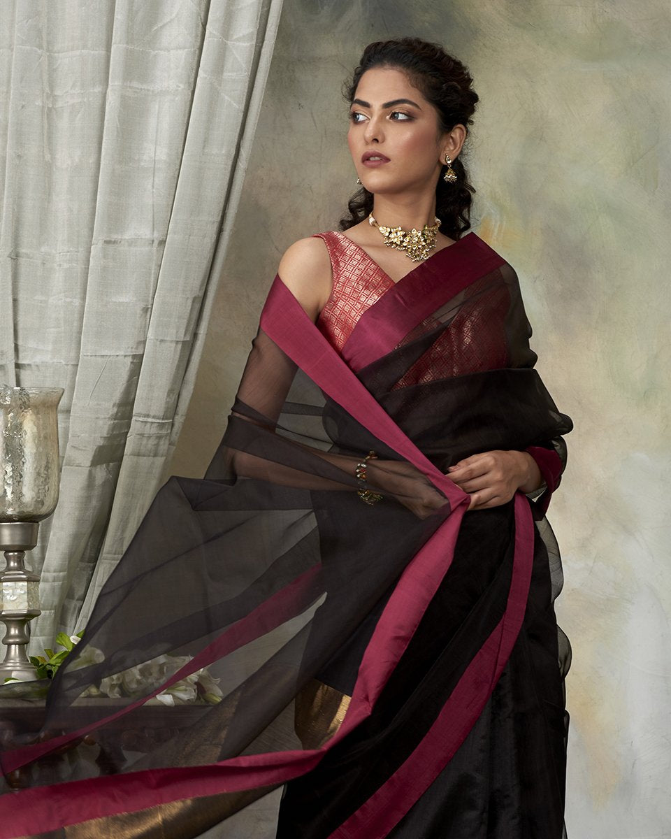 Black_Handloom_Dupion_Silk_Chanderi_Saree_with_Organza_Pallu_WeaverStory_01