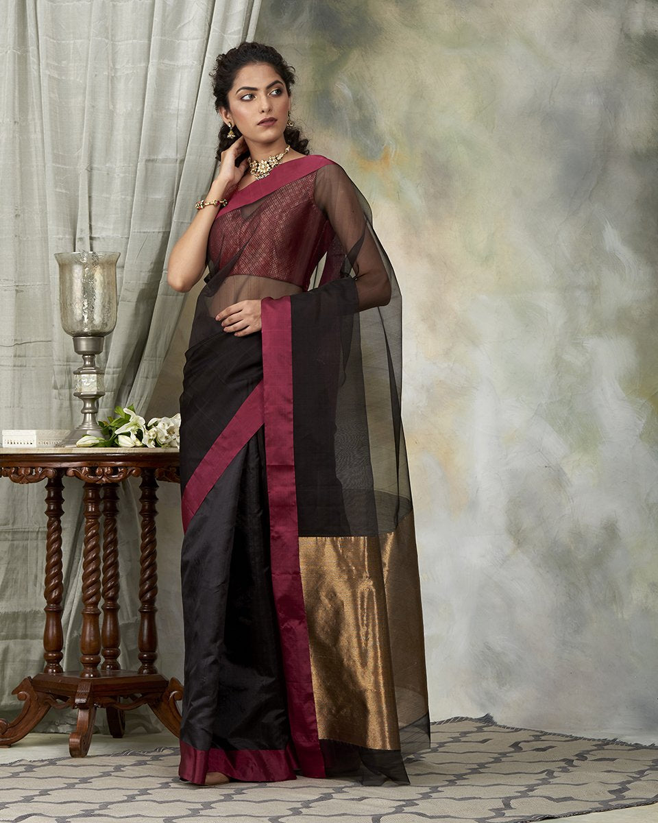 Black_Handloom_Dupion_Silk_Chanderi_Saree_with_Organza_Pallu_WeaverStory_02