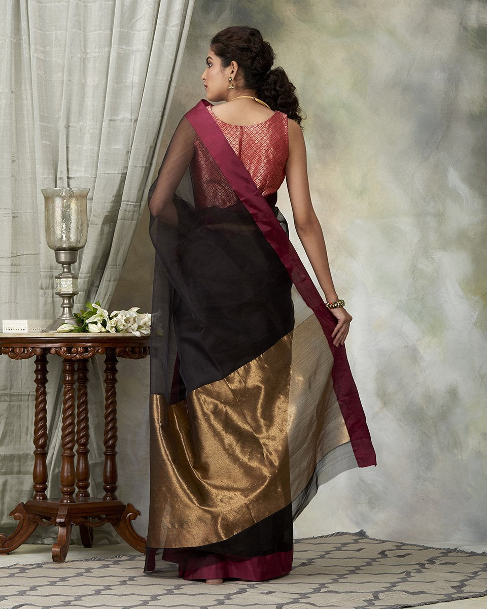 Black_Handloom_Dupion_Silk_Chanderi_Saree_with_Organza_Pallu_WeaverStory_03
