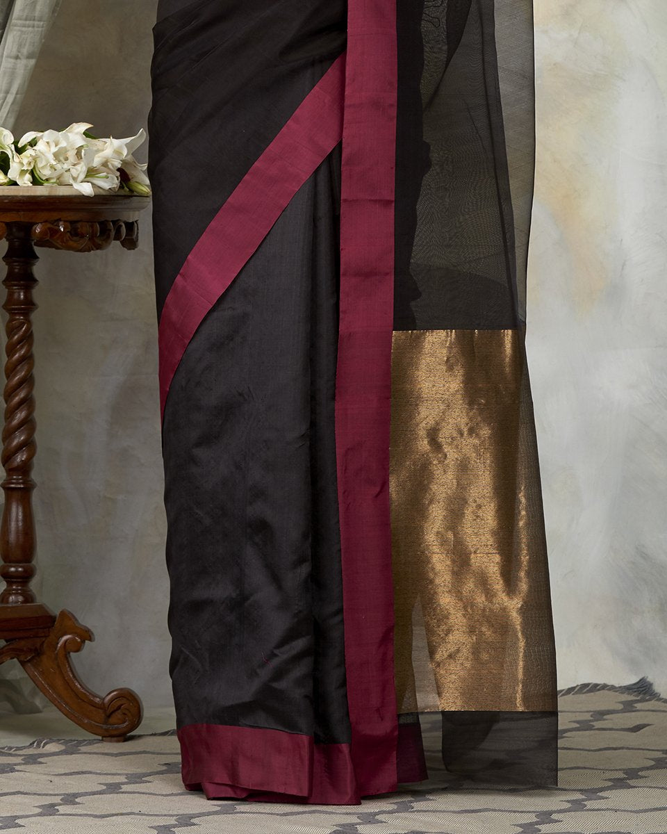 Black_Handloom_Dupion_Silk_Chanderi_Saree_with_Organza_Pallu_WeaverStory_04
