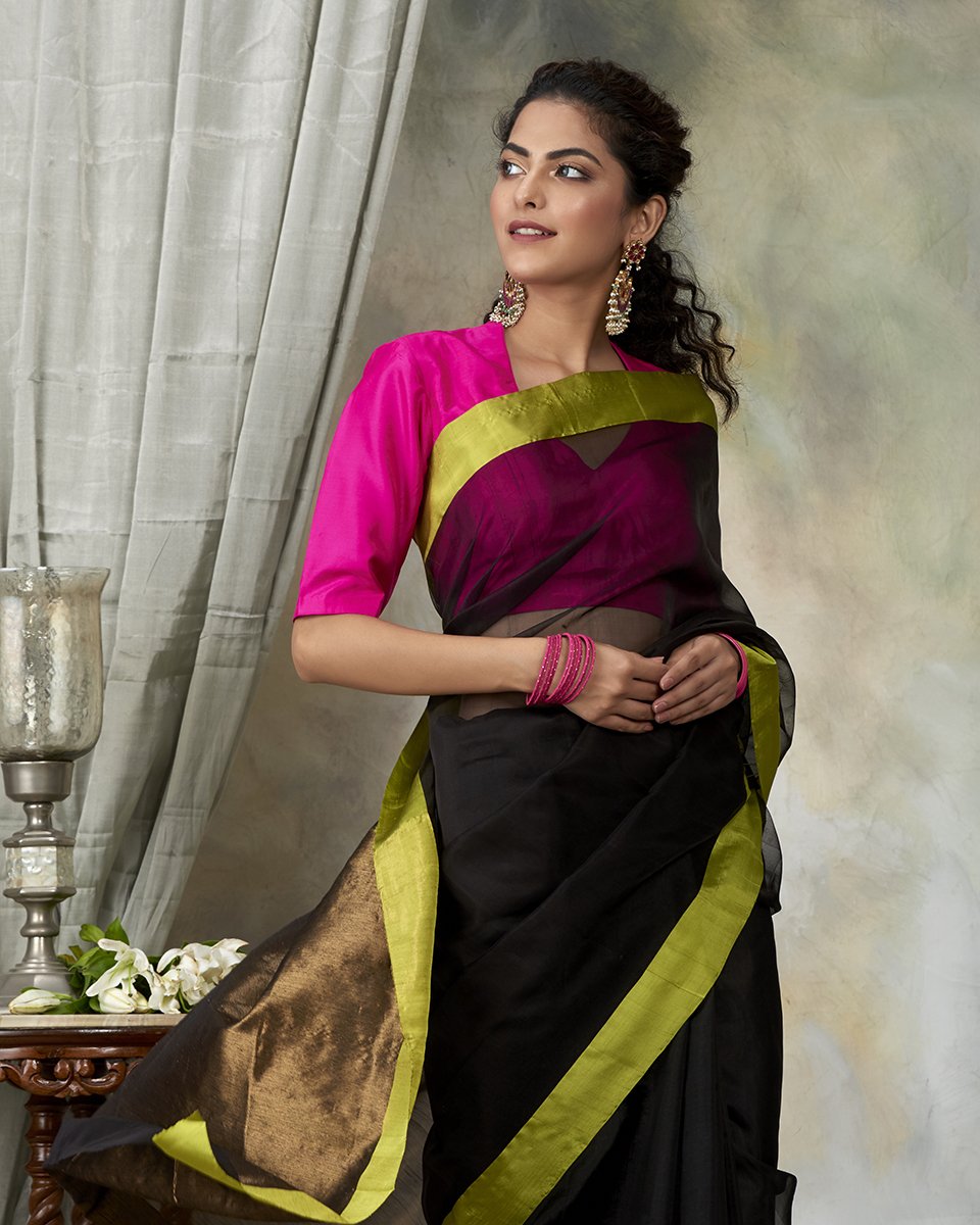 Black_Handloom_Dupion_Silk_Chanderi_Saree_with_Organza_Pallu_and_Green_Border_WeaverStory_01